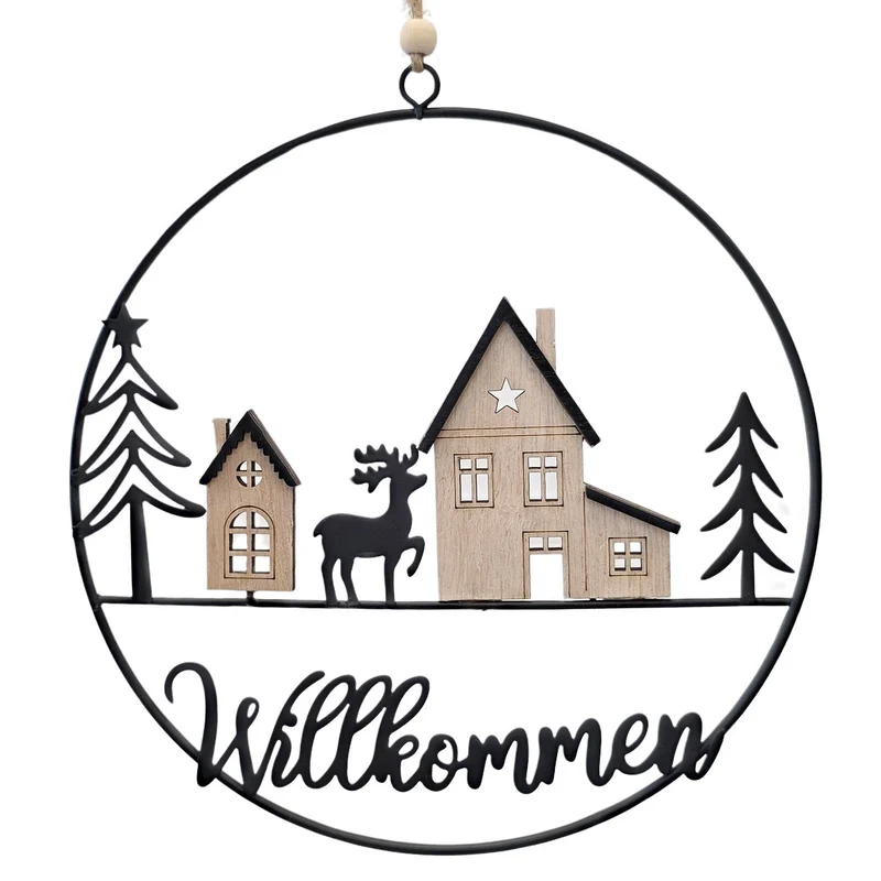 Metallring Willkommen Winterdorf 20 cm schwarz-Natur skandinavisch – Logbuch-Verlag
