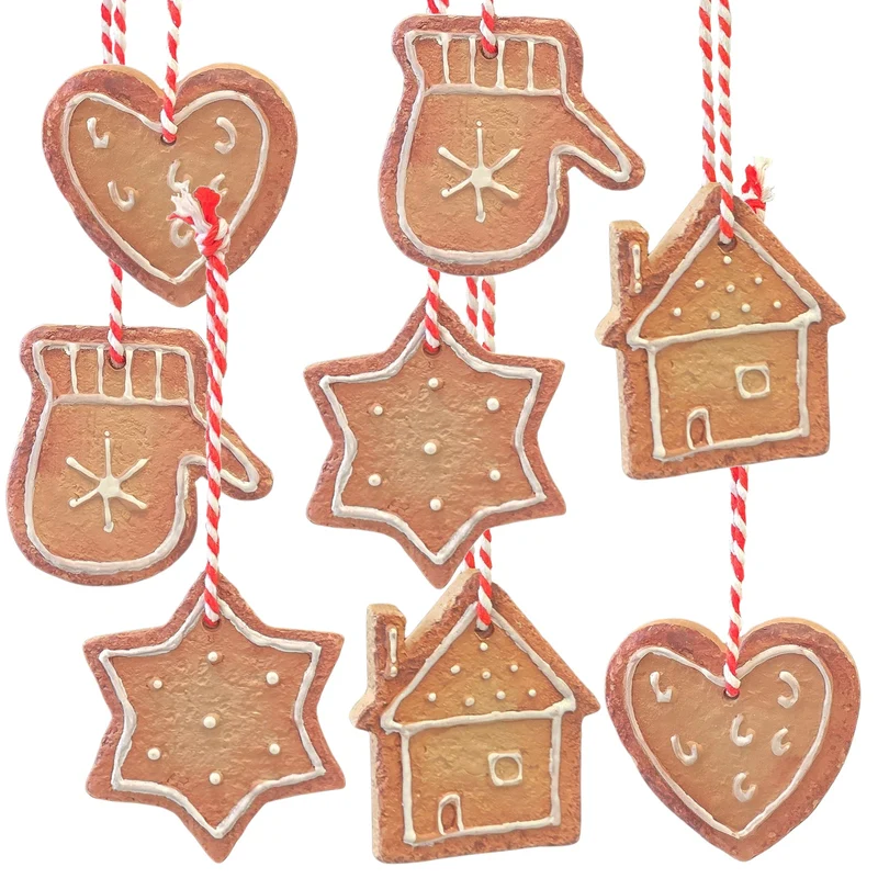 Weihnachtsanhänger Lebkuchen-Optik 8er Set braun-weiß Polyresin H 4 B 5 cm – Logbuch-Verlag