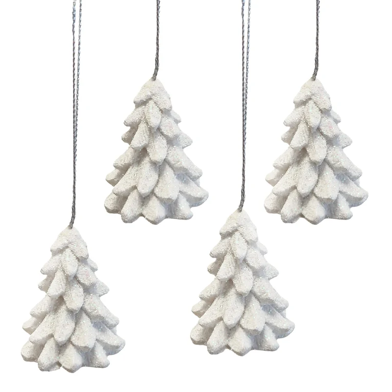 Weihnachtsanhänger Bäume 4er Set Weiß 4,5 cm Polyresin mit Glitzer – Christbaumanhänger Winterdeko Baumschmuck – Logbuch-Verlag
