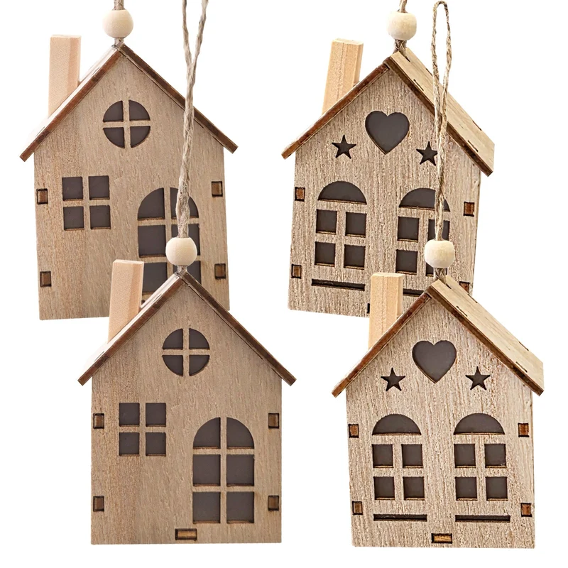Deko-Häuschen 4er Set Holz zum Aufhängen Ganzjahresdeko H8 B6,5 cm – Logbuch-Verlag