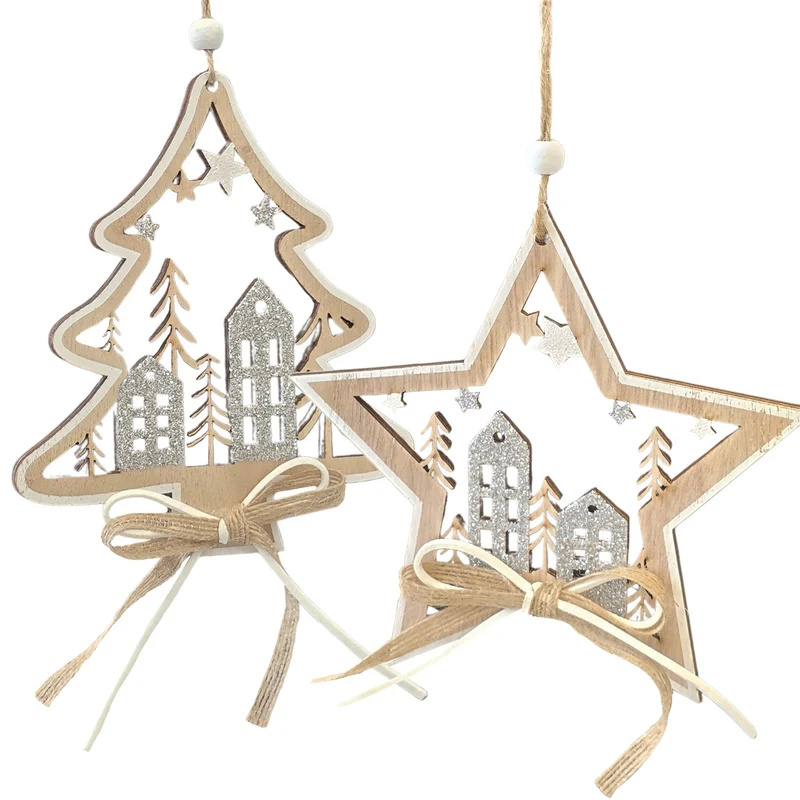 Weihnachtsanhänger Baum & Stern Winterstadt 2er Set H 15 B 15 cm – Natur-Silber – Logbuch-Verlag
