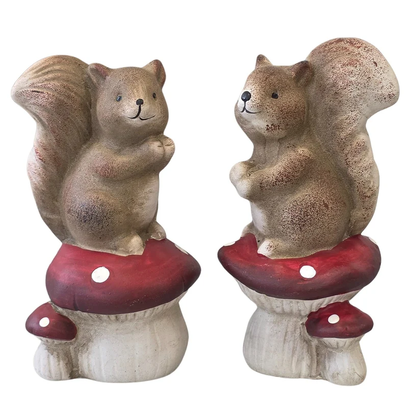 Eichhörnchen auf Fliegenpilz 13,5 cm – 2er Set aus Kunststein