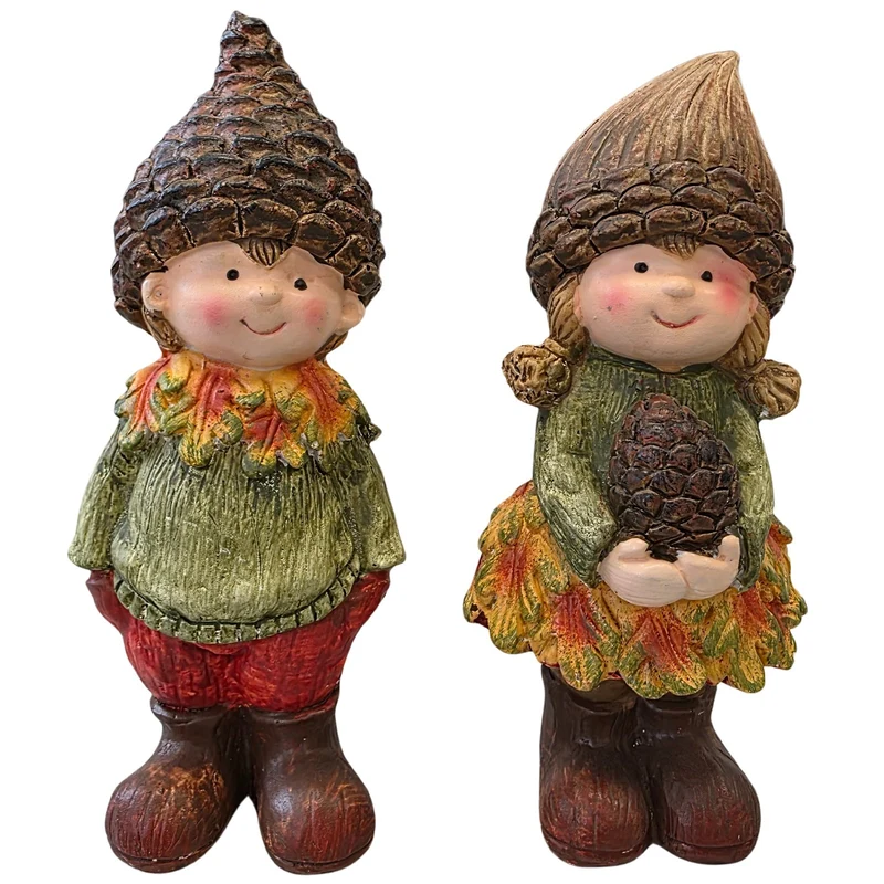 Logbuch-Verlag Herbstkinder Figuren 2er Set stehend 16–17 cm – Herbstdeko Kinder mit Tannenzapfen-Mütze – Junge & Mädchen aus Kunststein