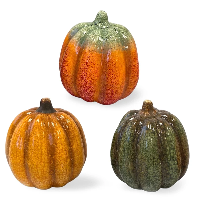 Herbstdeko Kürbisse Keramik 3er-Set bunt 9x8,5x9,5 cm,– Deko-Kürbis zum Hinstellen für Herbst & Halloween