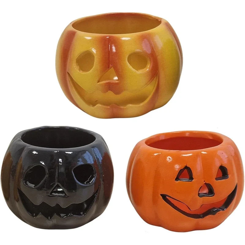 3er Set Halloween Kürbis Teelichthalter Keramik 6,5 cm – 3 Designs in Orange Schwarz Gelb-Orange – Deko Kürbisse für Herbst und Halloween Party – Logbuch-Verlag