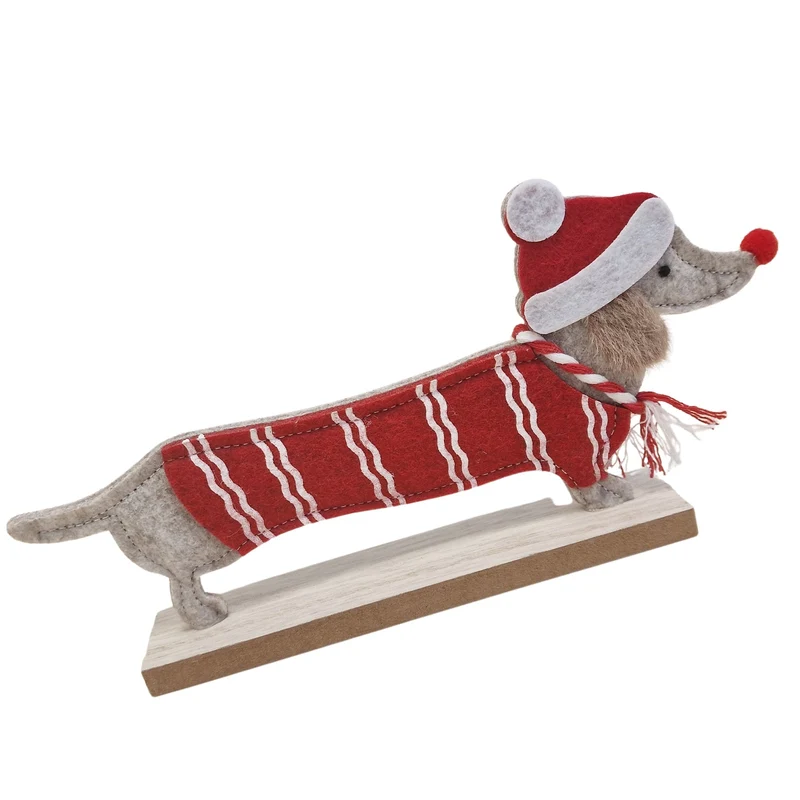Logbuch-Verlag Holz Dackel Weihnachtsdeko 22,5×3,5×10,5 cm – stehende Hundedeko mit rotem Mantel & Mütze