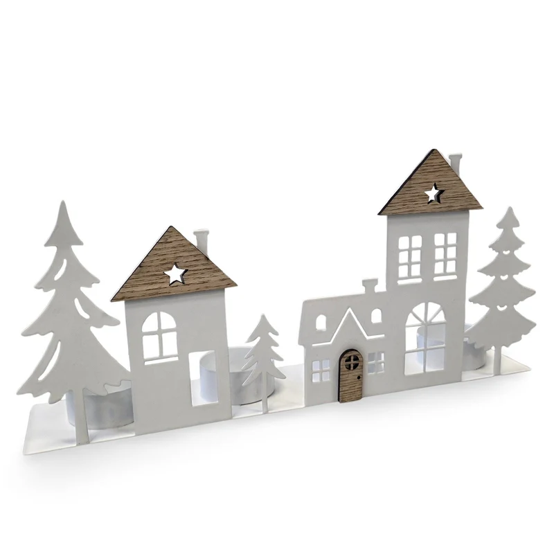 Logbuch-Verlag Teelichtleiste Häuser Metall Holz weiß 28 cm – Teelichthalter Winterdorf – Weihnachtsdeko Kerzenhalter