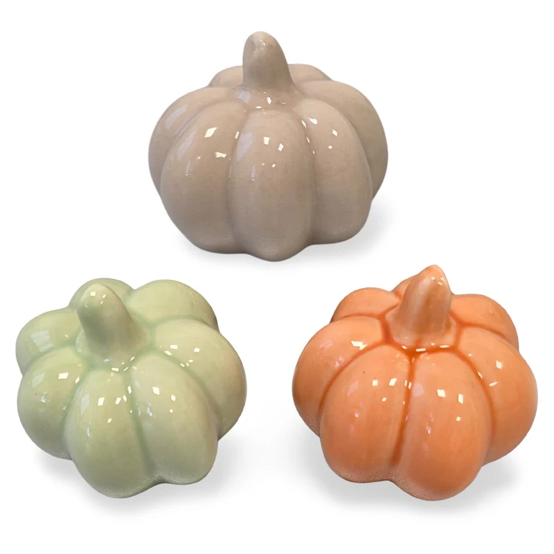 Logbuch-Verlag Deko Kürbis 3er Set Porzellan 5 cm – Herbstdeko Kürbisse in Grün Orange Braun – Mini Kürbisfiguren