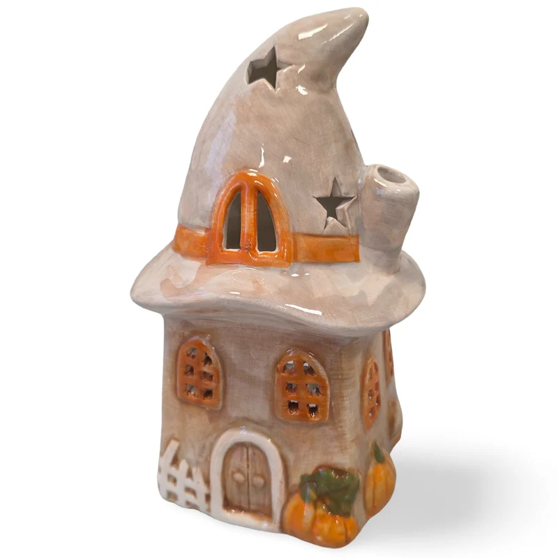 Logbuch-Verlag Teelichthaus Herbst Dekohaus mit Kürbis und Kamin 18 cm hoch – Herbstdeko Hexenhaus mit Öffnung hinten