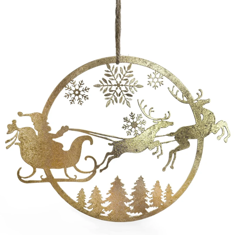 Weihnachtsanhänger Gold 18 cm – Flache Deko zum Aufhängen mit Rentierschlitten, glänzendes Türschild oder Fensterbild – Logbuch-Verlag
