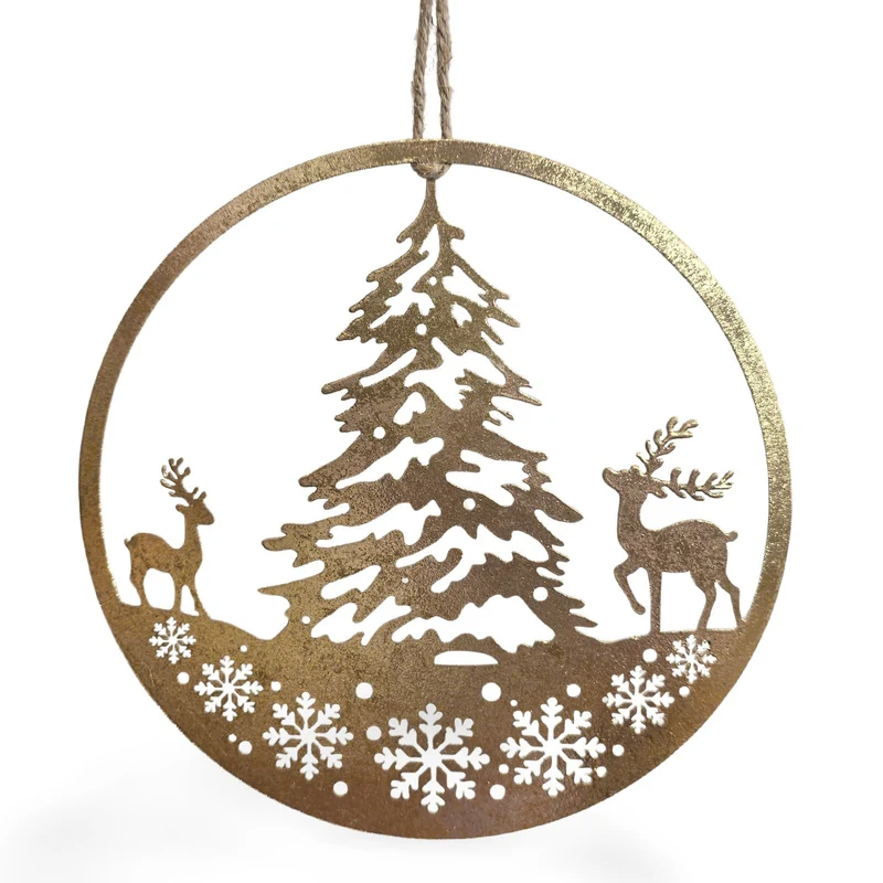 Metall Weihnachtsanhänger Gold 18 cm – flaches Fensterbild mit Rehen & Tannenbaum, glänzende Winterdeko zum Aufhängen – Logbuch-Verlag