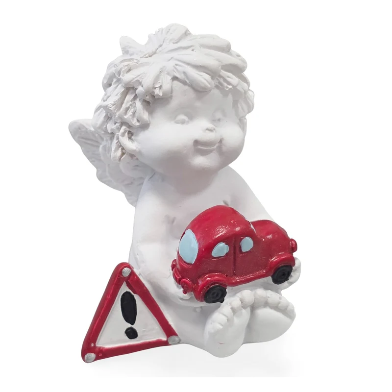 Sitzender Igor-Schutzengel mit Auto weiß ca. 6–7 cm