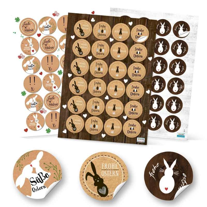 Set 72 Stück Osteraufkleber Frohe Ostern Osterhase Hase Aufkleber Ostersticker Osteretiketten mit Text vintage Nostalgie Look rund in braun weiß schwarz natürlich beige Kraftpapier look