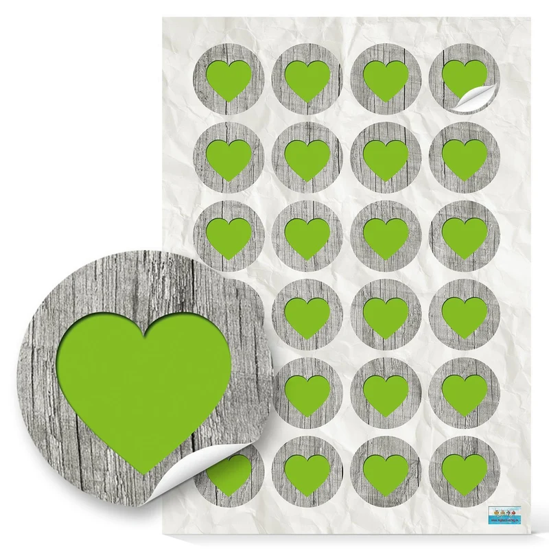 24 kleine runde HERZ AUFKLEBER Herzaufkleber 4 cm hellgrün grün grau shabby chic Geschenkaufkleber Geschenk-Verpackung give-away Papiertüten zukleben basteln Hochzeit Holz-Optik Sticker Etiketten