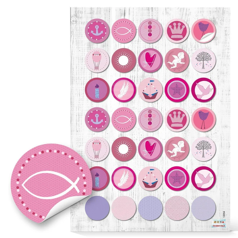 3 x 35 Stück runde 3 cm rosa rose pink farbene KINDER KOMMUNION TAUFE Aufkleber zur Verpackung mit Fische Anker Segelboot Schiff Engel Krone Kreuz Herz zur Deko Fest Geburtstag Mädchen