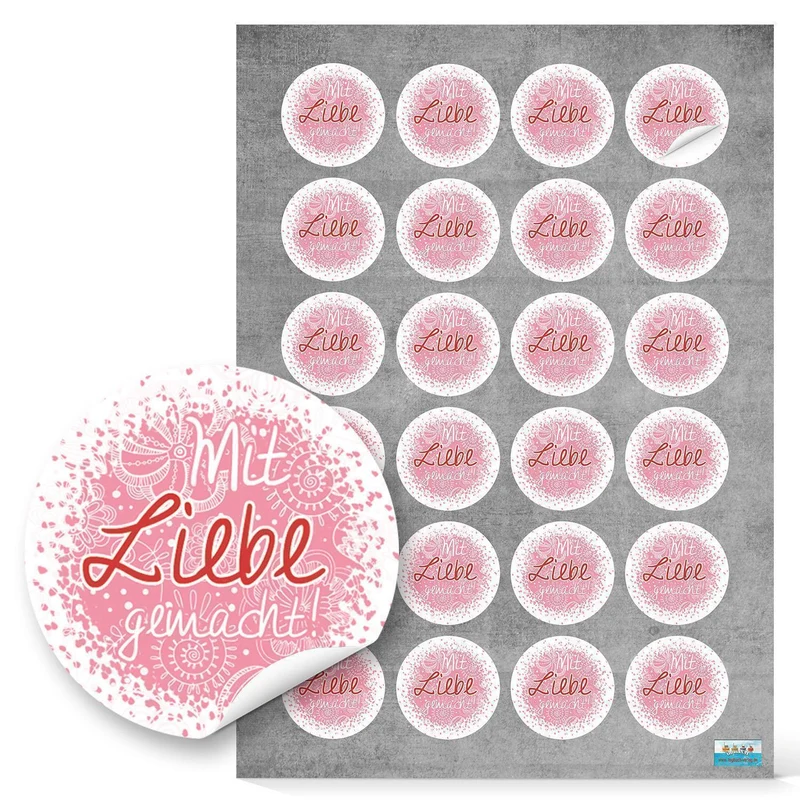 48 kleine runde rosa pink rot Mit LIEBE gemacht Aufkleber Sticker selbstklebende Etiketten für selbst Gemachtes anstelle selbstgemacht Handarbeit handgemacht eigene Herzstellung Verpackung