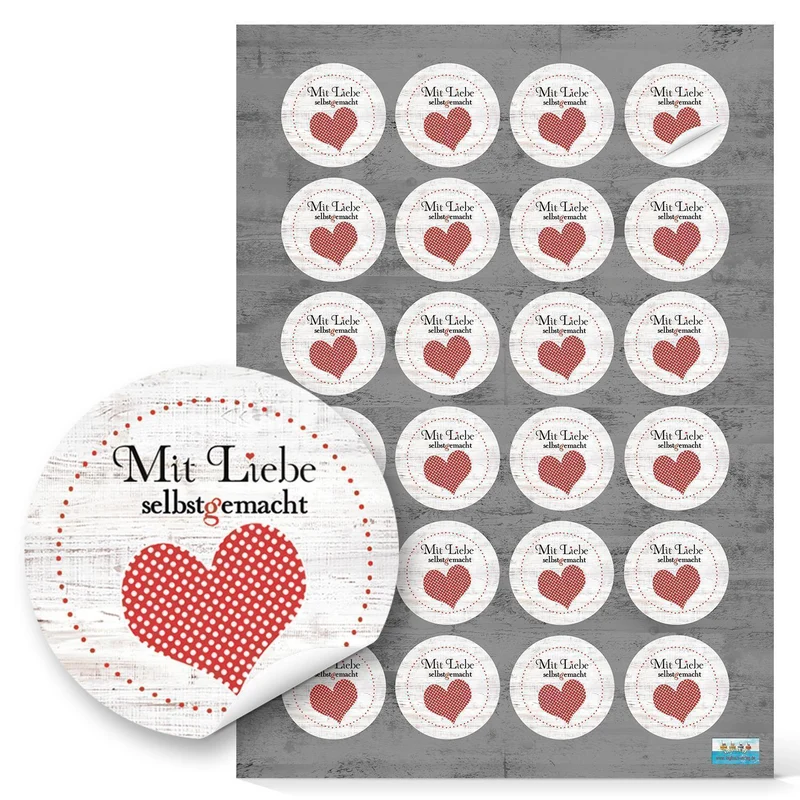 24 Stück kleine runde Aufkleber MIT LIEBE SELBSTGEMACHT rot gepunktetes Herz mit schwarz 4 cm - selbstklebende Etiketten Sticker für Handarbeit handgemacht als Verpackung für Geschenke