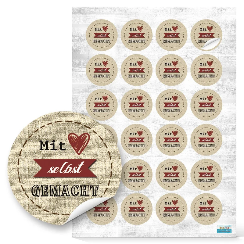 24 Stück kleine runde Mit HERZ selbstgemacht beige natur rot Kraftpapier Look Aufkleber selbstklebende Etiketten Sticker für give-away Geschenke Präsente Kunden Verpackung wie handgemacht