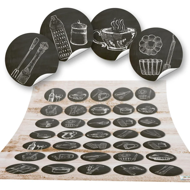 3 x 35 kleine runde SCHWARZ WEISS Küchenaufkleber vintage alt Küchen-Deko Sticker Nostalgie selbstklebend Küchenutensilien Geschirr Besteck