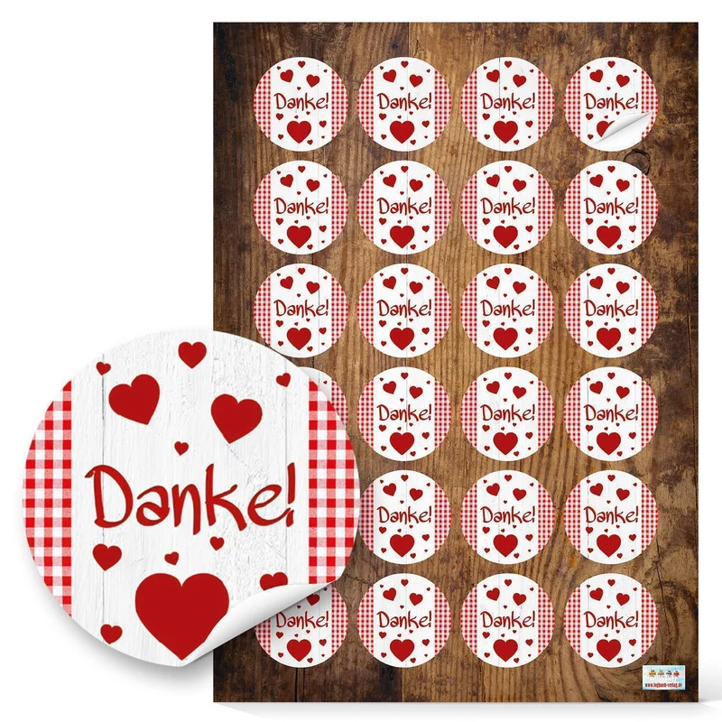 48 runde rot weiße Herzen DANKE karierte Aufkleber Sticker 4 cm selbstklebend Etiketten Sticker - Dankeschön zum Aufkleben