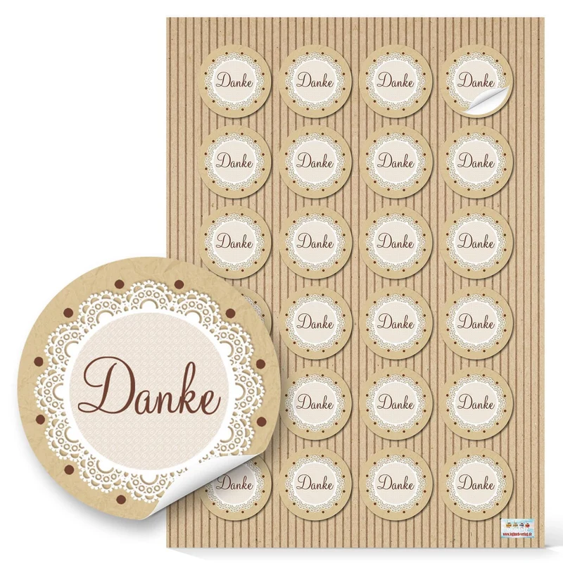 24 kleine runde DANKE Aufkleber Geschenkaufkleber natur beige braun vintage Dankeschön Sticker Etiketten 4 cm Geschenk-Verpackung Gastgeschenk Hochzeit give-away Mitgebsel für Kunden und Gäste