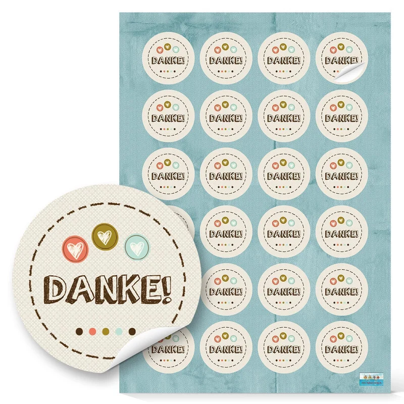 24 Stück runde Aufkleber DANKE natur beige 3 Herzen pastell-farben rot blau grün retro Dankeschön Verpackung Gastgeschenk Kunden-Verpackung Geschenkverpackung Sticker Etiketten give-away Werbegeschenke