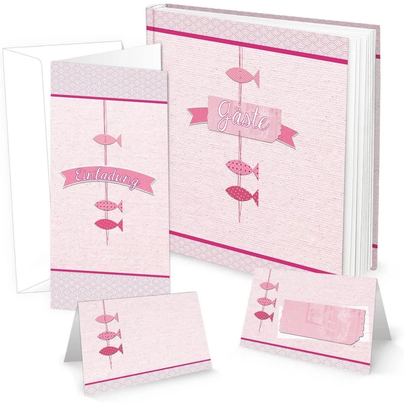 SET 20 Personen: 1 Gästebuch, 10 Stück Einladungen mit Kuvert + 25 Tischkarten rosa pink rose 3 Fische Kommunion Taufe Kindergeburtstag Geburtstag Firmung Tischdeko Namensschilder Geschenk