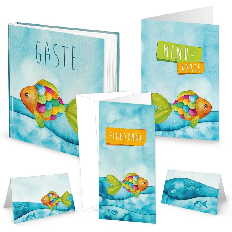 46-teiliges Set REGENBOGENFISCH: Gästebuch + 10 Einladungen + 10 Menükarten + 25 Tischkarten blau türkis orange pink grün Jungen UND Mädchen zur Kommunion Taufe Geburtstag
