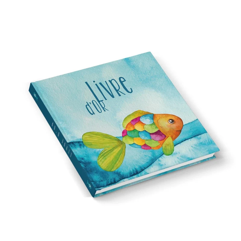 Livre d'or pour Enfant Anniversaire et Baptême à compléter Couverture Rigide Bleu Turquoise Poisson Multicolore Format Carré 21x21 cm 100 Pages Blanches Cadeau Communion Profession de foi Fan de Pêche
