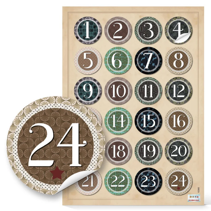 Adventskalenderzahlen Aufkleber rund 4 cm mit Zahlen 1 - 24 - Vintage grün braun