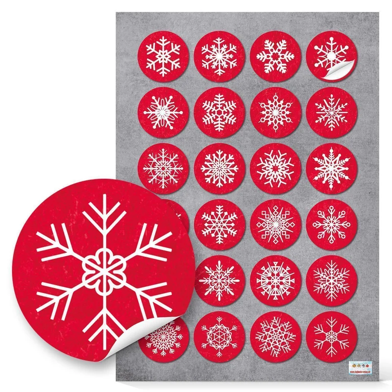 24 kleine runde rot weiß SCHNEEFLOCKEN Weihnachtsaufkleber Aufkleber 4 cm - Geschenkaufkleber selbstklebend Sticker Weihnachten zur Verpackung von Geschenke give-away Papiertüten Tüten zukleben