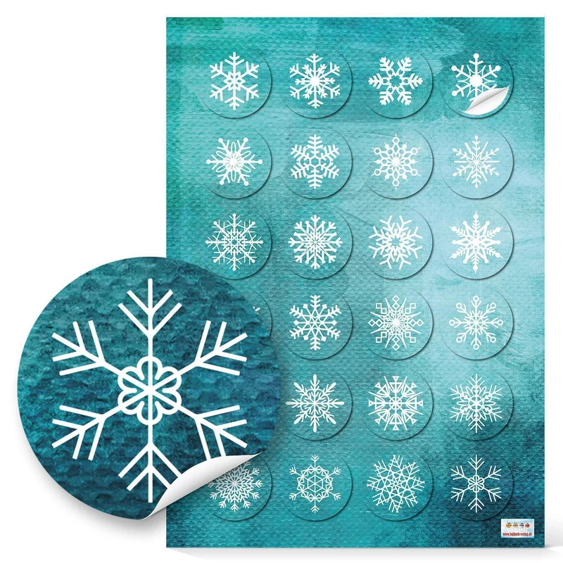 Logbuch-Verlag 24 kleine runde Schneeflocken Weihnachtsaufkleber türkis blau weiß 4 cm Aufkleber - Geschenkaufkleber Sticker Weihnachten Geschenk Verpackung verzieren