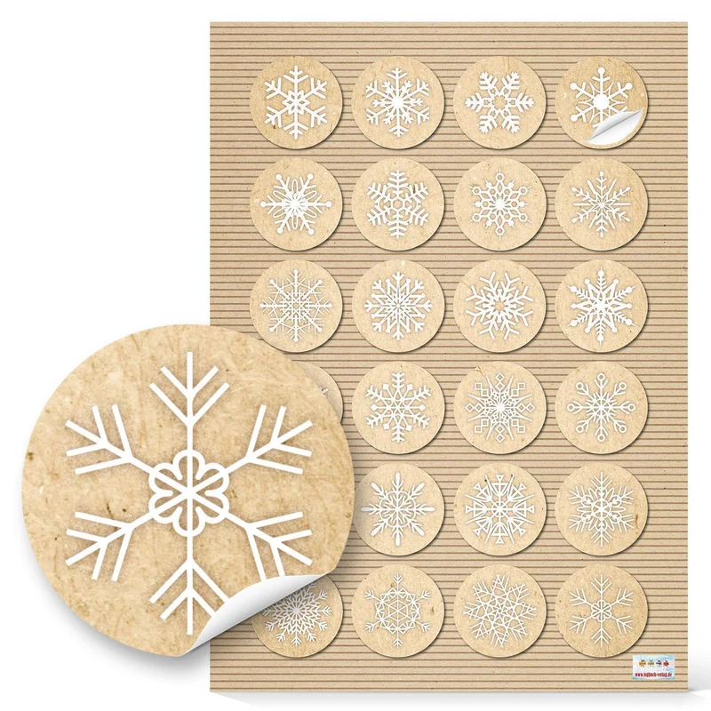 24 kleine runde beige natur weiße Schneeflocken Weihnachtsaufkleber Aufkleber 4 cm Geschenkaufkleber selbstklebend Sticker Dekoration Weihnachten zum Geschenke Verzieren Verpackung für Präsente