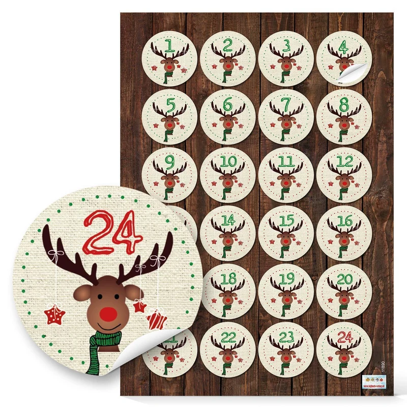 24 Adventskalenderzahlen Aufkleber 1 - 24 mit Rentier beige braun