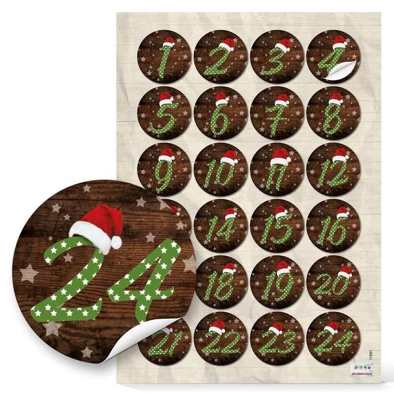 24 Adventskalenderzahlen Aufkleber 1 - 24 Holzoptik beige braun