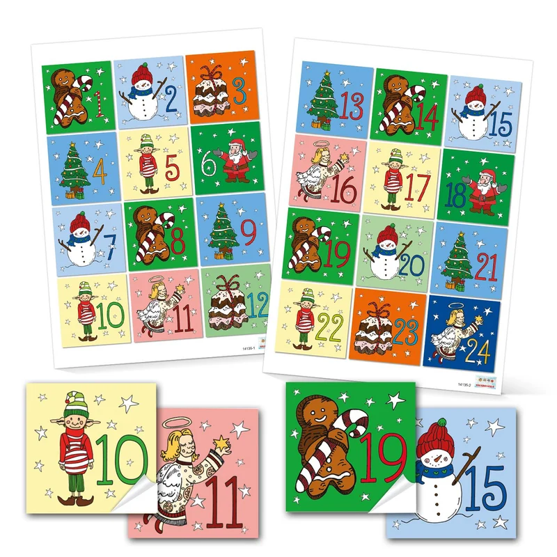 Bunte Adventskalenderzahlen Aufkleber 6 x 6 cm - Sticker für einen selbstgemachten Adventskalender
