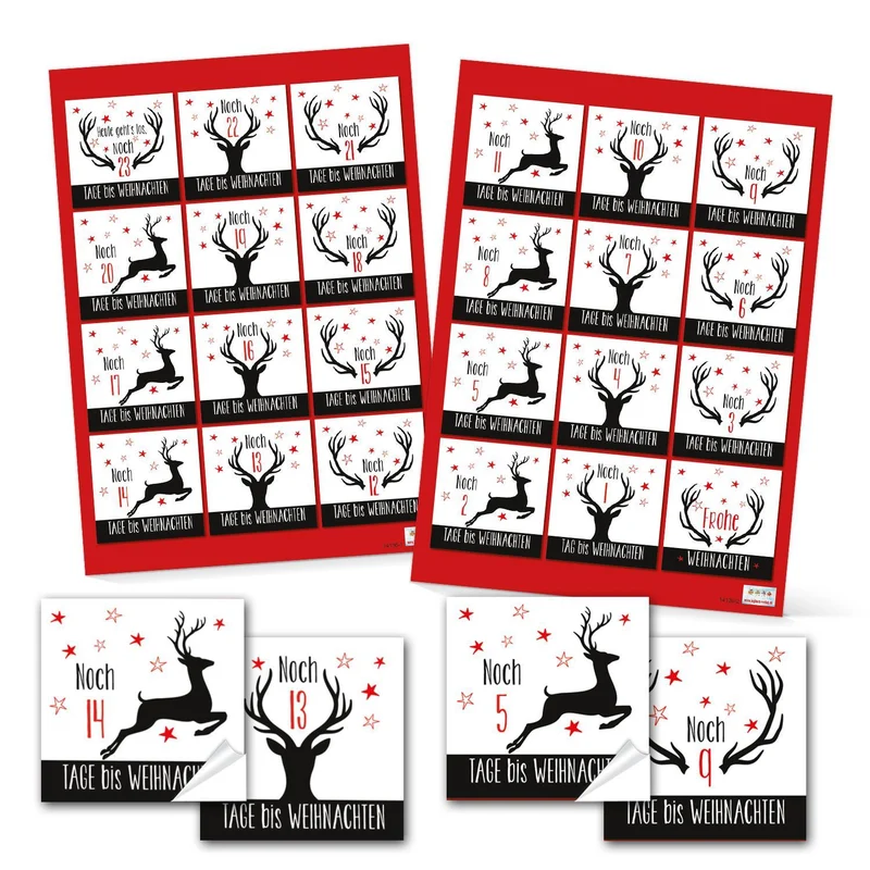 24 Zahlenaufkleber DIY Adventskalender 6 cm schwarz weiß Hirschen