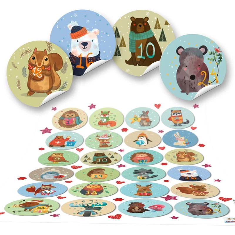 24 Zahlenaufkleber für DIY Adventskalender 4 cm bunte Tiere