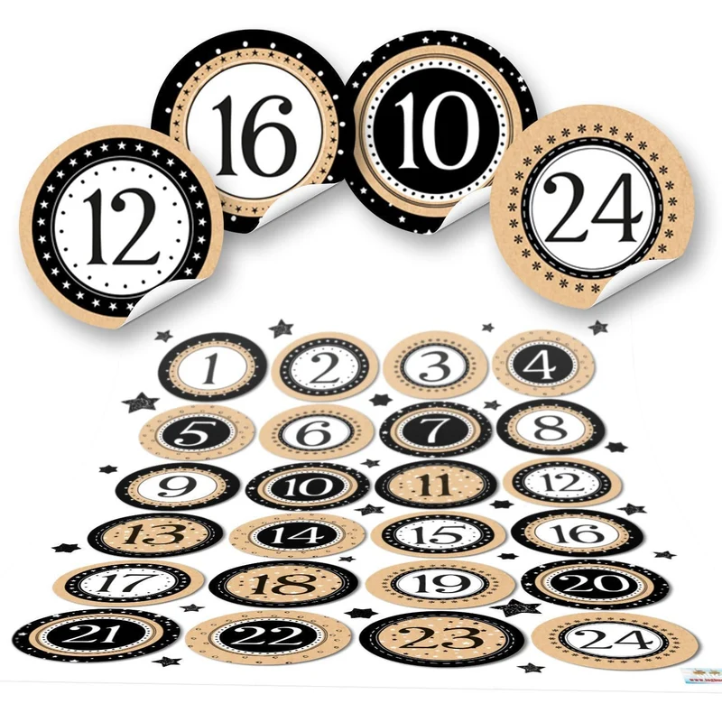 Adventskalender Zahlen Aufkleber 1 - 24 zum Basteln 4 cm schwarz weiß gold