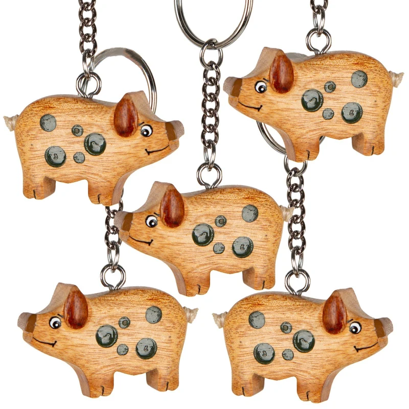 5 Glücksschweinchen Schlüssel-Anhänger HOLZ Glücksbringer 4 cm ohne Kette Schweinchen NATUR give-away Gastgeschenk Hochzeits-Deko Silvester Neujahr Glückssymbol