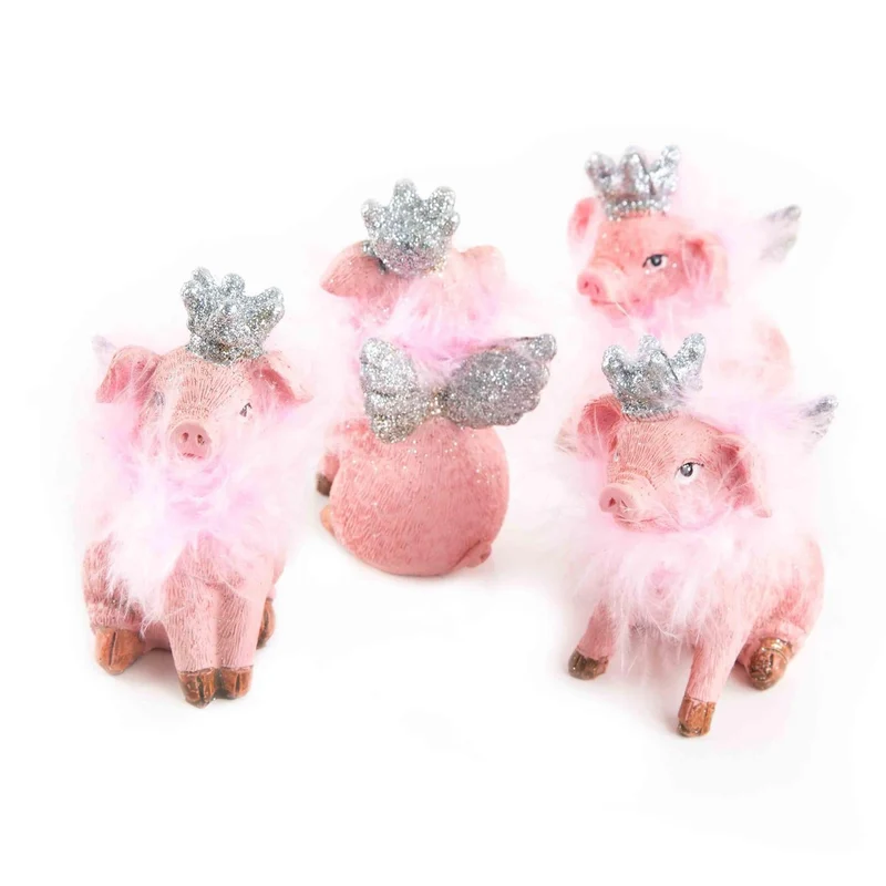 Logbuch-Verlag 4 Glücksschweine Figuren Glücksschweinchen rosa mit Krone Engelsflügel Silber Glücksbringer Deko Silvester kleines Geschenk Prinzessin