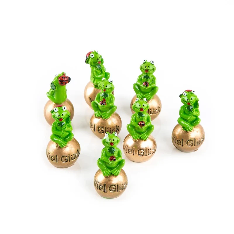 8 kleine Frösche 5 cm auf Goldener Kugel VIEL GLÜCK Froschkönig Glücksbringer