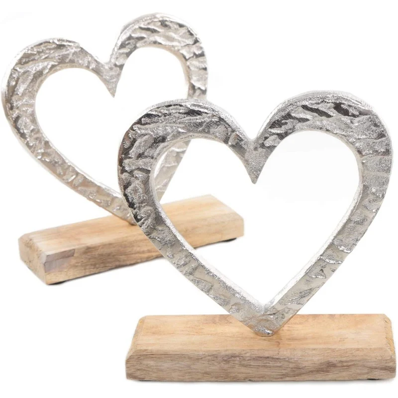 2 große Herzen aus Metall & Holz - 16 cm - Metallherz Deko zum Hinstellen 16 cm