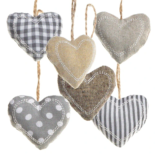 Logbuch-Verlag 6 Herzanhänger beige grau weiß Stoffherzen mit Schnur z. Aufhängen Hochzeitsdeko Weihnachtsdeko Geschenkanhänger Muttertag Valentinstag