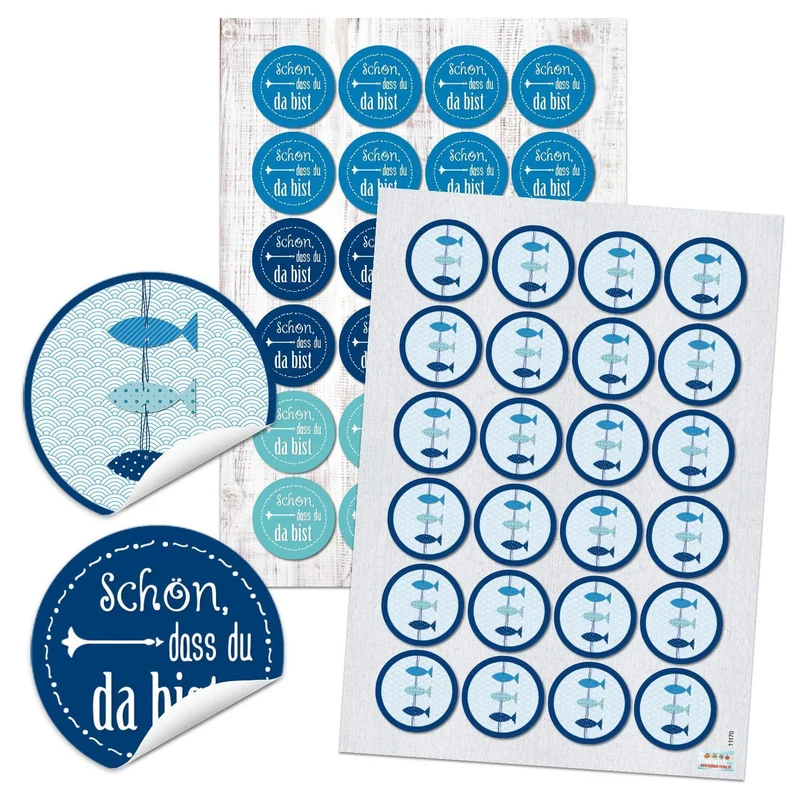 2 x 96 SCHÖN DASS DU DA BIST Aufkleber + FISCHE runde selbstklebende maritime Sticker blau türkis Etiketten Verpackung Geschenke Kommunion Tischkarten basteln Hochzeit Geburtstag