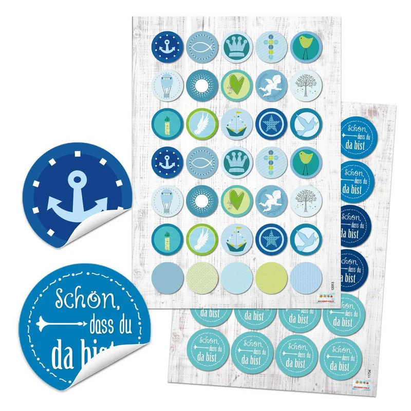 Aufkleber Set 24 Schön, dass du da bist + 35 Sticker mit maritimen Motiven blau türkis - Taufe Kommunion