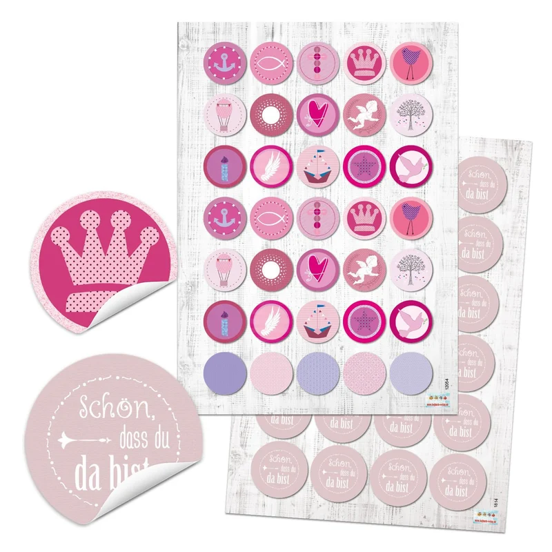 SET 70 + 48 SCHÖN DASS DU DA BIST rosa rot pink rosè Aufkleber rund Kommunion Taufe Kinder-Sticker Anker Engel Krone Fisch Herz Schiff Boot Kinder-Geburtstag Verpackung basteln