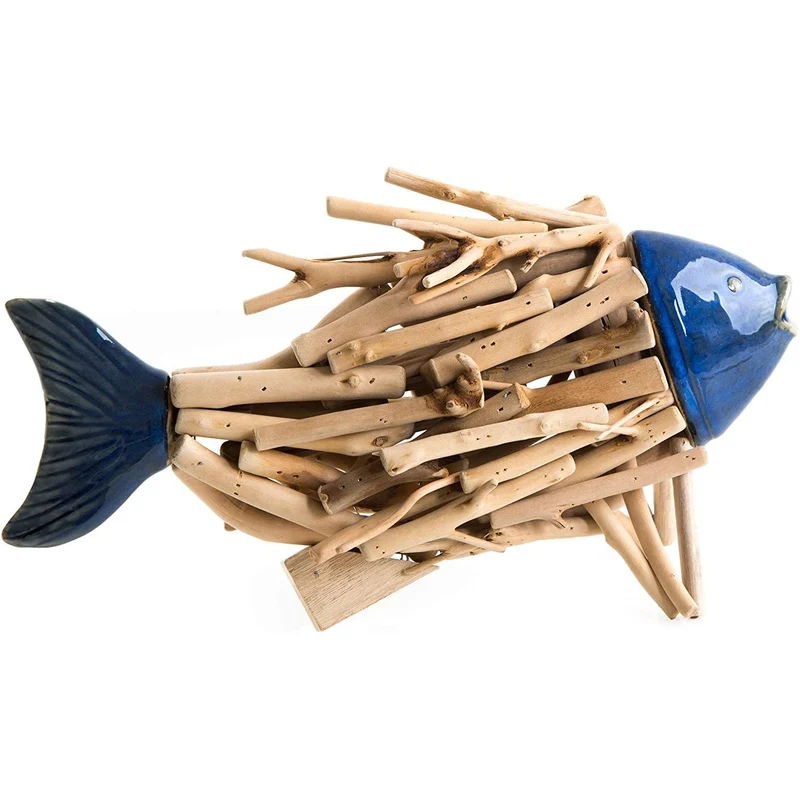 Logbuch-Verlag große Fisch Figur Deko maritim blau 34 cm Holzfisch Natur aus Strandgut zum Hinstellen mit glasierter Keramik Dekoration Symbol