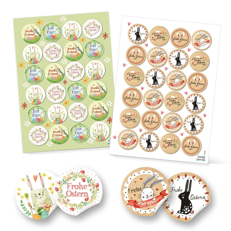 Logbuch-Verlag Set 48 Frohe Ostern Aufkleber Osterhase Osterdeko bunt Osteretiketten rund Verpackung Kindergeschenke Geschenke Give-Away grün gelb pink beige rot
