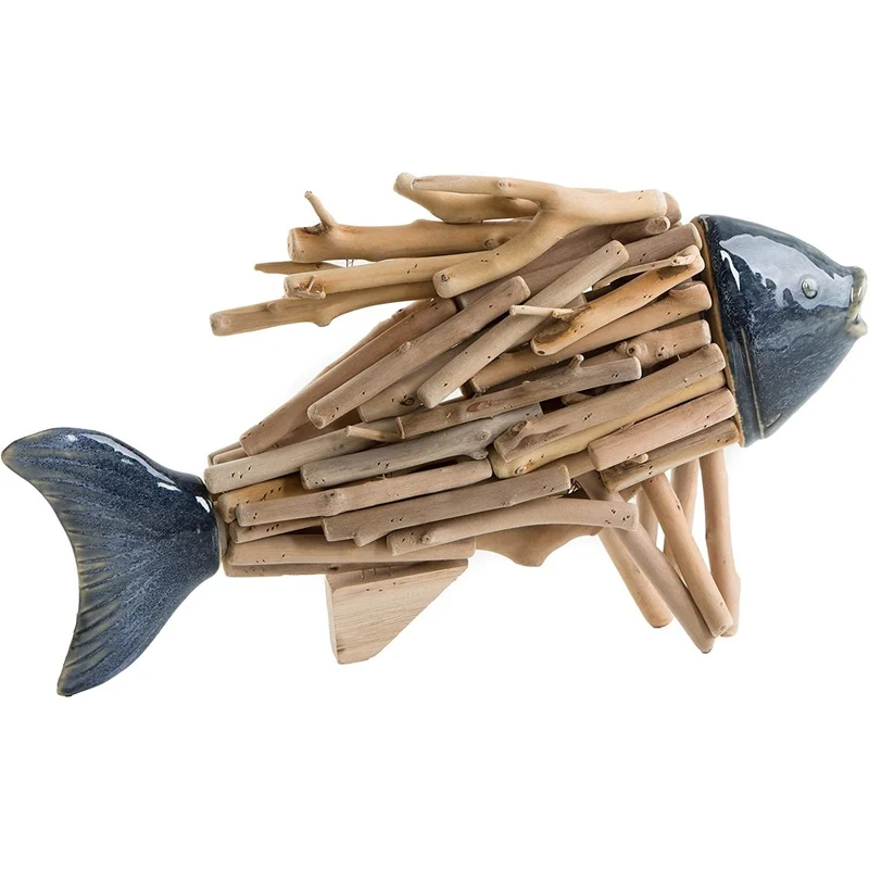 Logbuch-Verlag große Fisch Figur Deko maritim grau 34 cm Holzfisch Natur aus Strandgut zum Hinstellen mit glasierter Keramik Dekoration Symbol